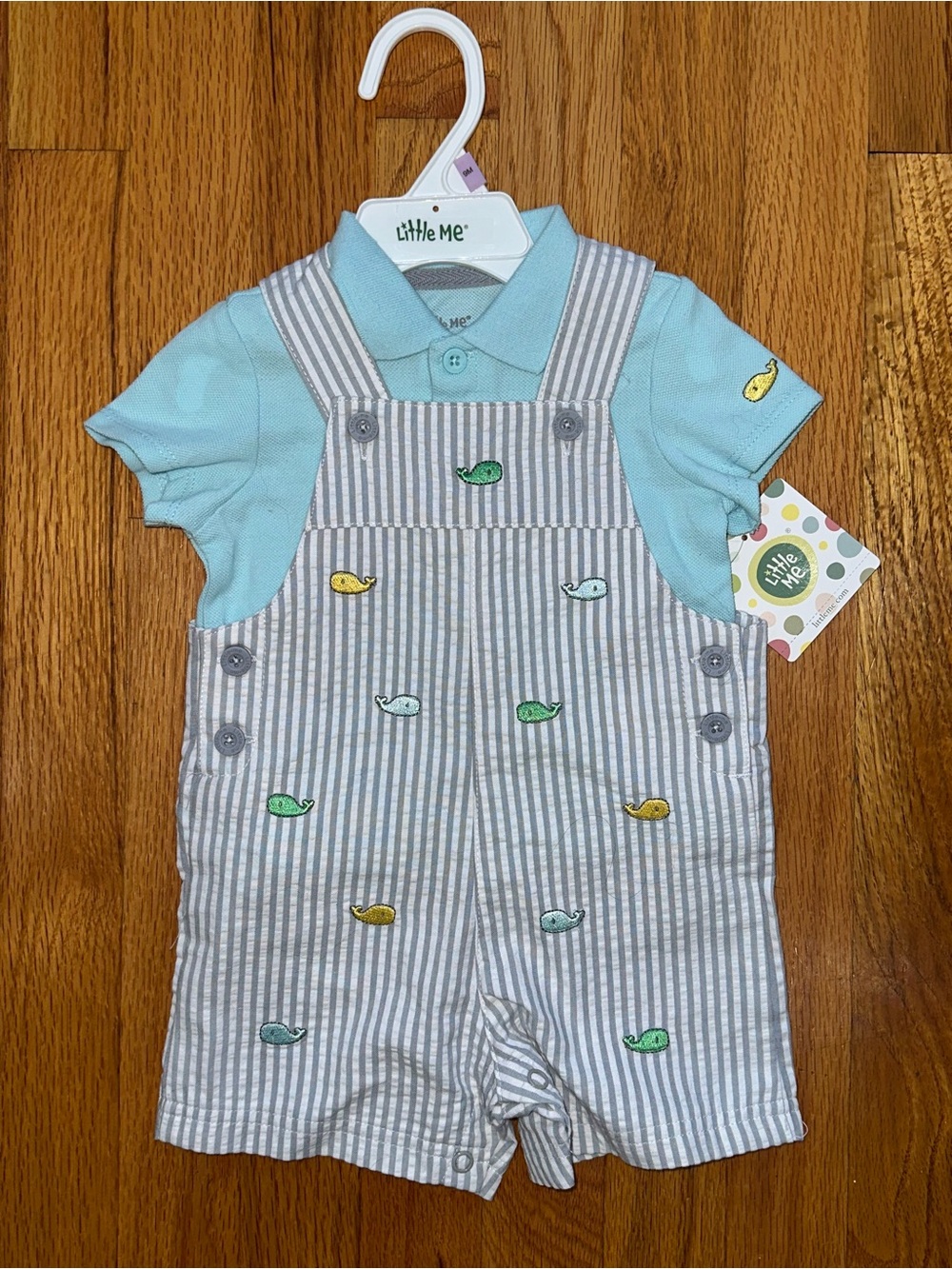 Little Me Baby Polo with Striped and Embroidered Whale Overalls Boy 9M